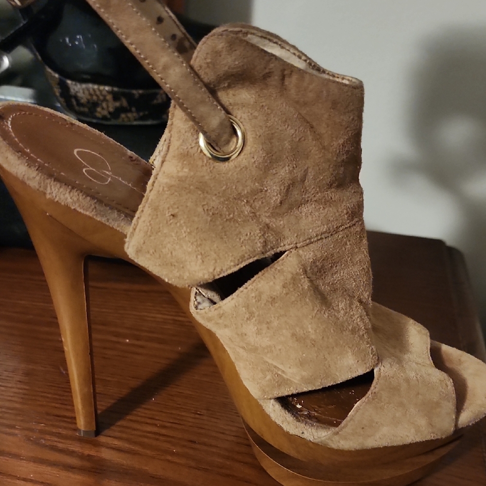 Jessica Simpson Tan Peep Toe Suede Heels